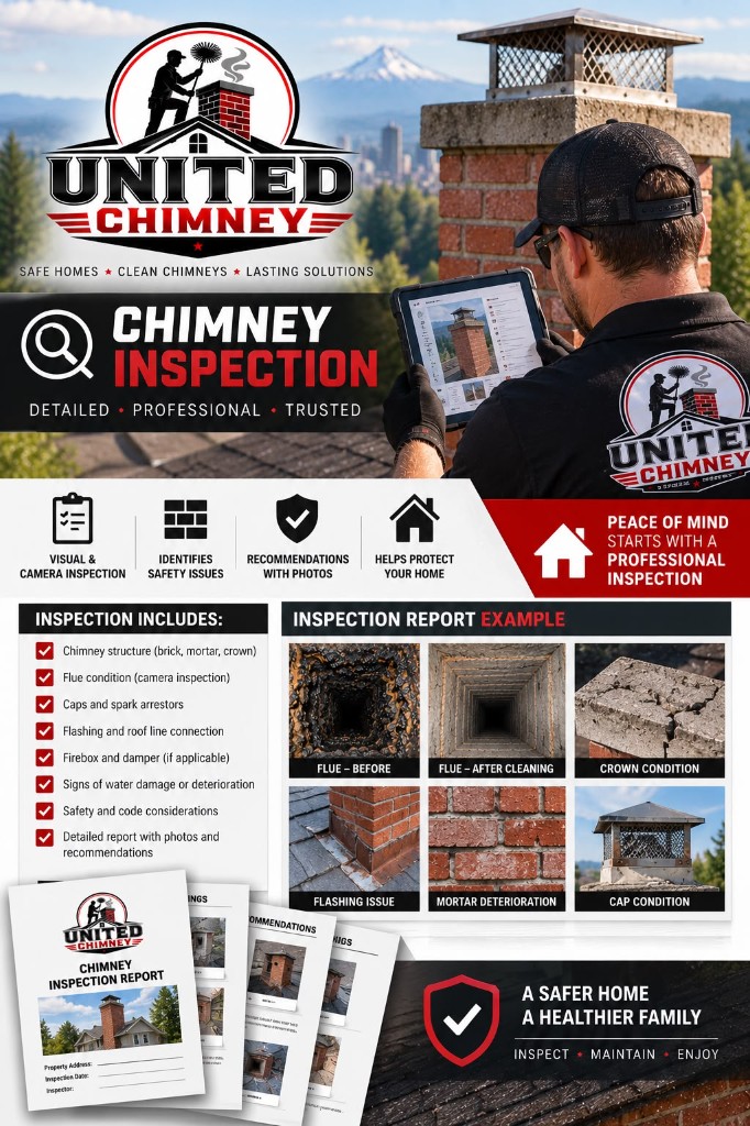 United Chimney inspection report example showing flue before and after cleaning, crown condition, flashing issue, mortar deterioration and cap condition photographs