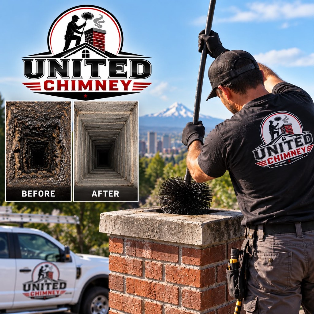 Before and after view inside an Oregon chimney flue showing heavy creosote buildup cleared back to bare masonry by United Chimney