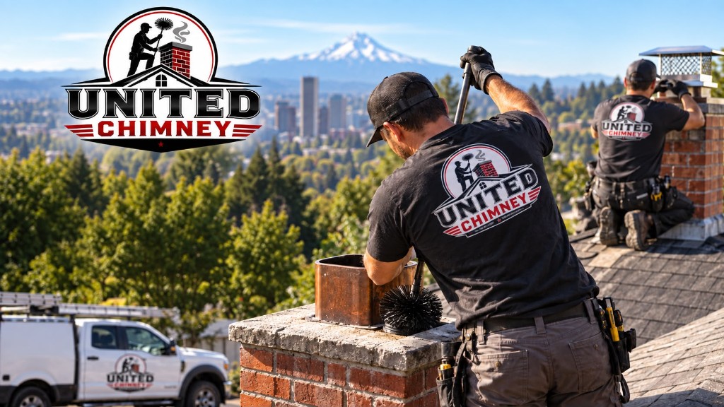 Two United Chimney technicians working on a chimney flue on an Oregon rooftop with the Portland skyline and Mount Hood behind them