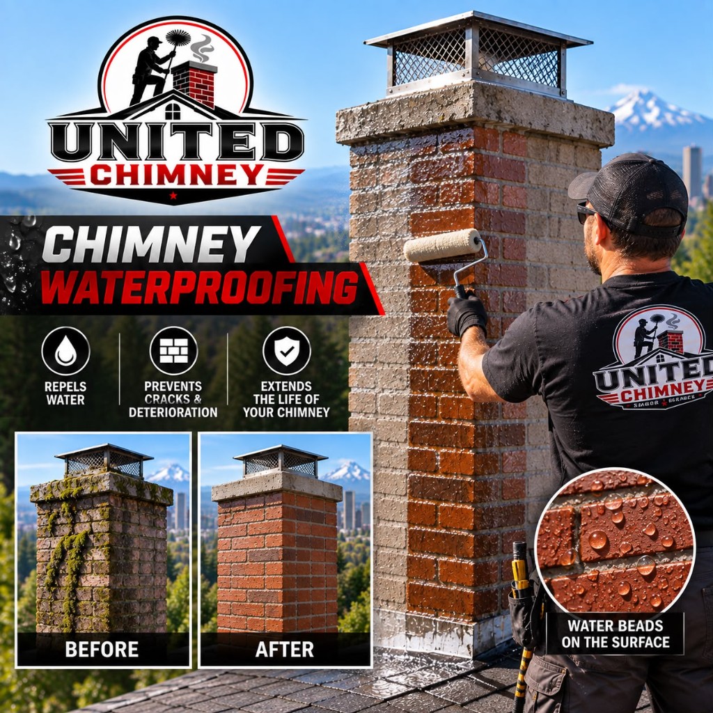 United Chimney technician rolling breathable sealant onto a brick chimney, with a before and after comparison showing moss-covered brick restored and water beading on the treated surface