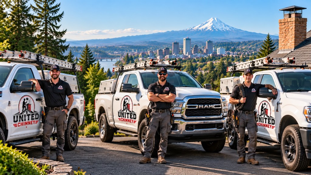 Three United Chimney Sweep & Repairs technicians standing with their service trucks above the Portland, Oregon skyline with Mount Hood in the distance